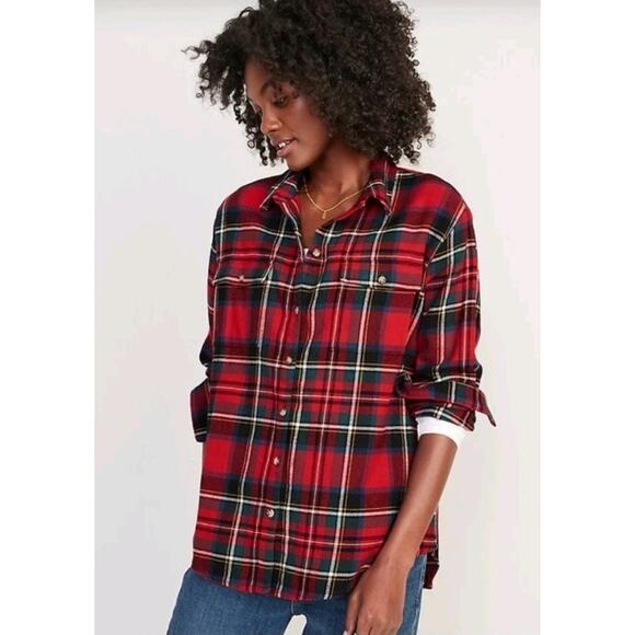 Old Navy Women's The Boyfriend Red Tartan Plaid Flannel Shirt Size SP Outdoors - Picture 6 of 7